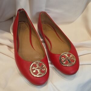 Tory Burch Red Flats with Gold Emblem